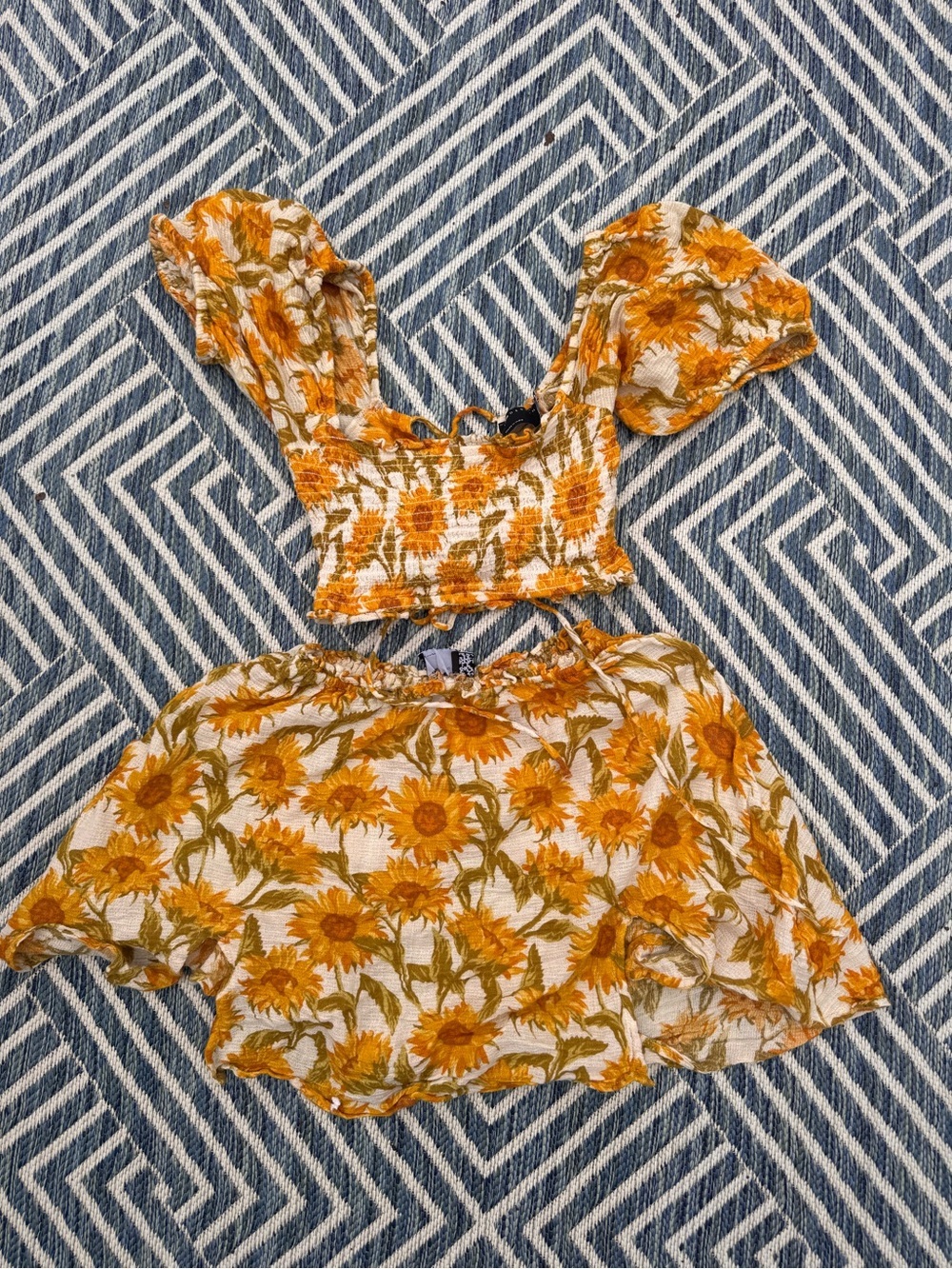ASOS Yellow Sunflower Print Puff Sleeve Crop Top and Skirt Set